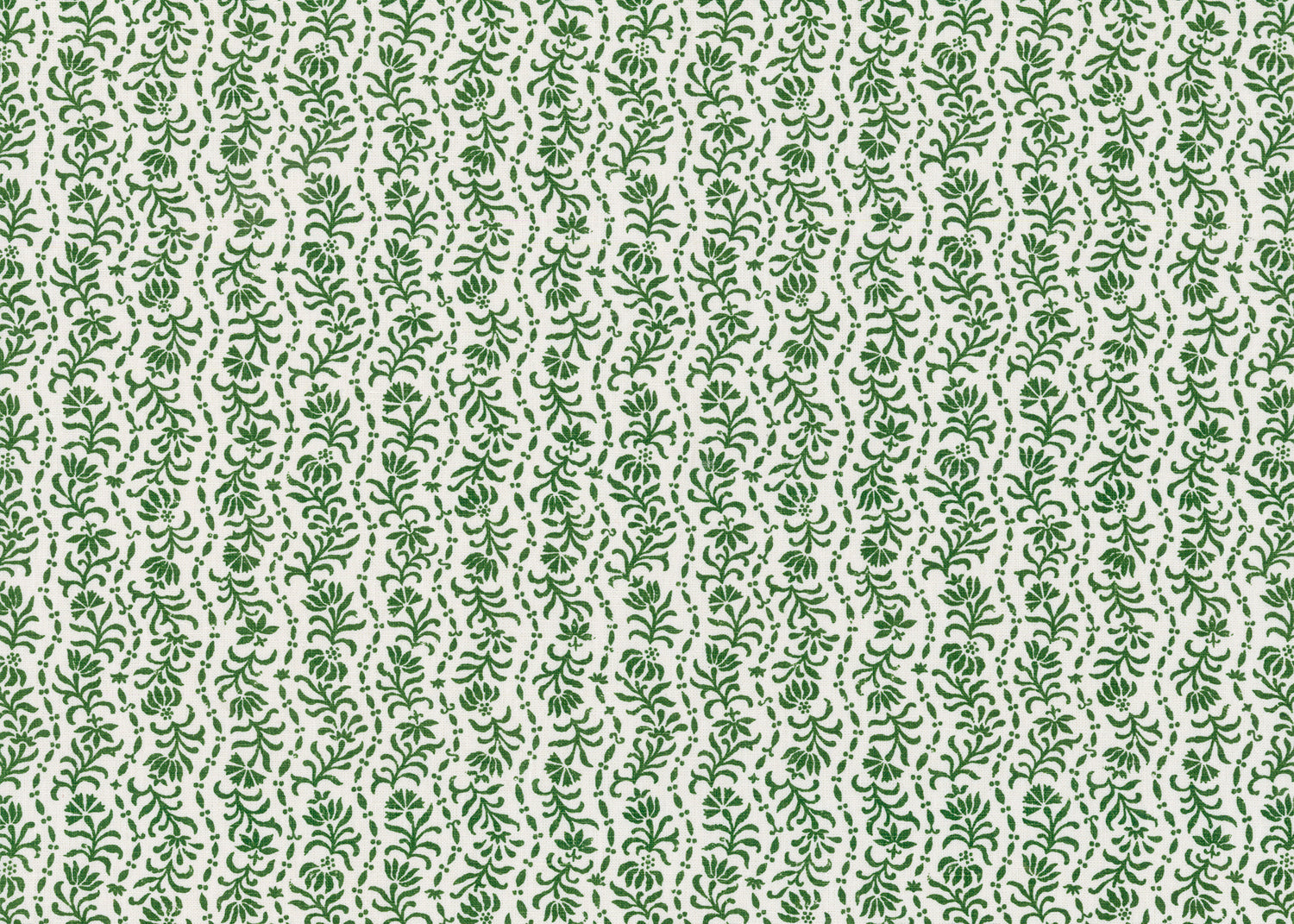 Printed linen in a wavy floral stripe design in green on white. 