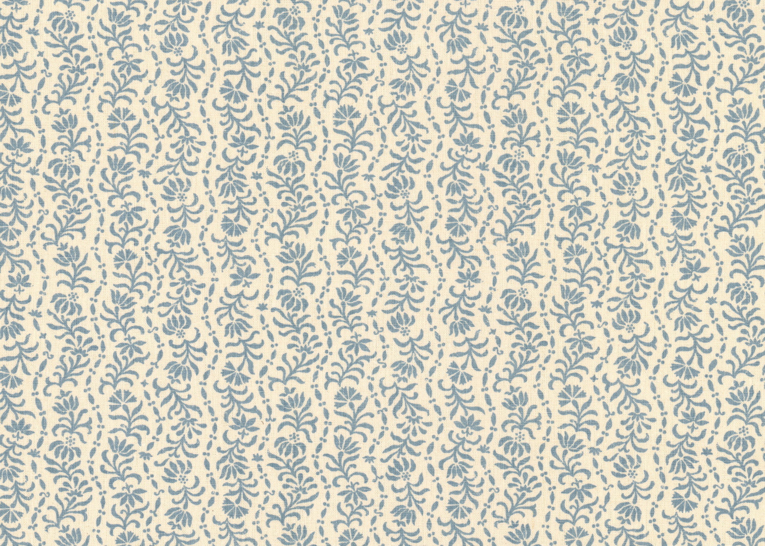 Printed linen in a wavy floral stripe design in light blue on white. 