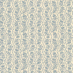 Printed linen in a wavy floral stripe design in light blue on white. 