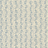 Printed linen in a wavy floral stripe design in light blue on white. 