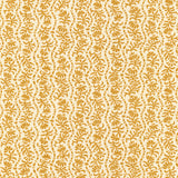 Printed linen in a wavy floral stripe design in yellow on cream.
