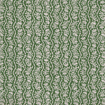 Printed linen in a wavy floral stripe design in green on white. 