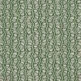 Printed linen in a wavy floral stripe design in green on white. 