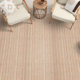 Textural herringbone area rug with wooden and white side chairs with rattan side stools.