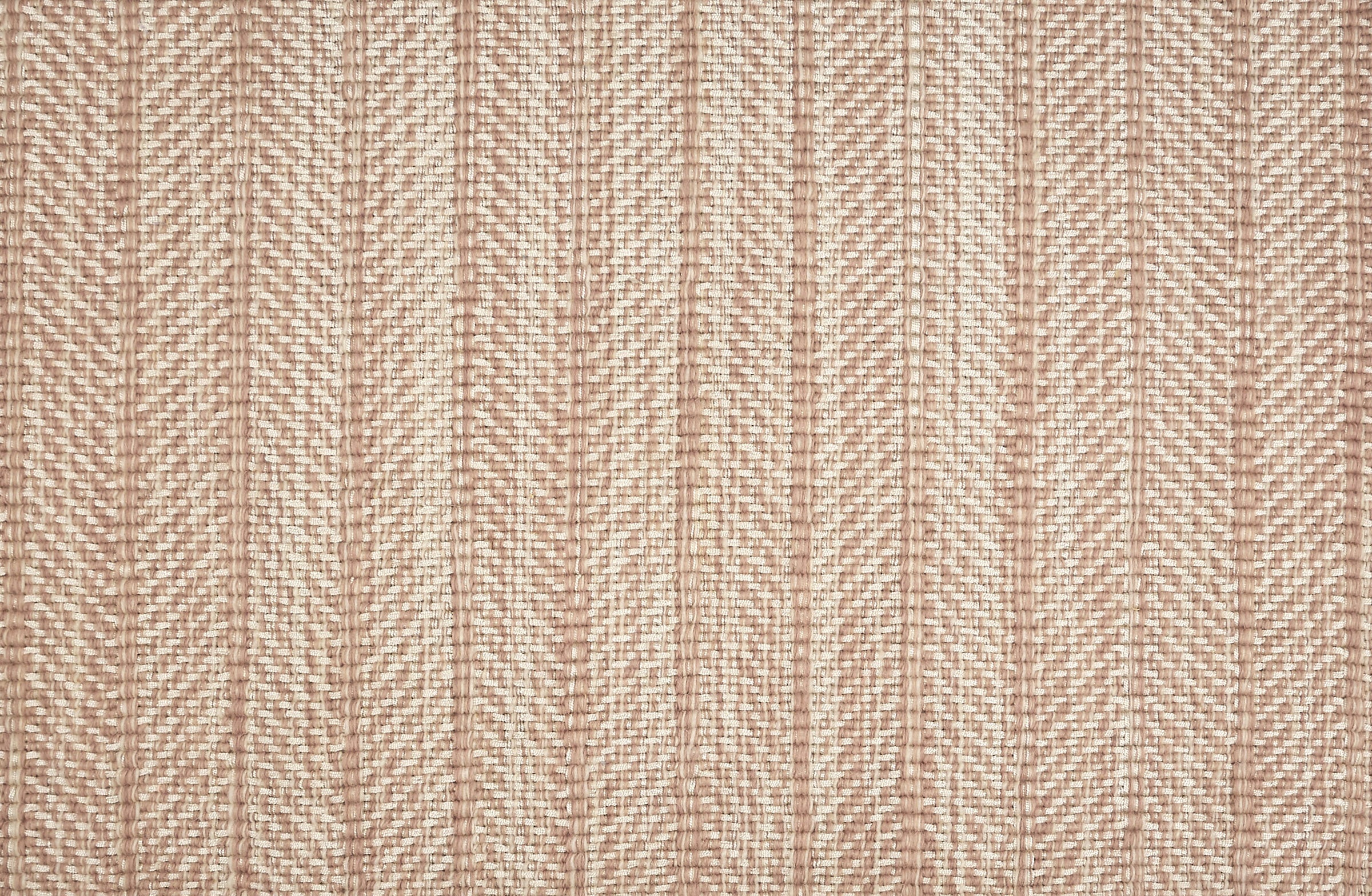 Broadloom carpet in a striated herringbone stripe in cream and blush pink.