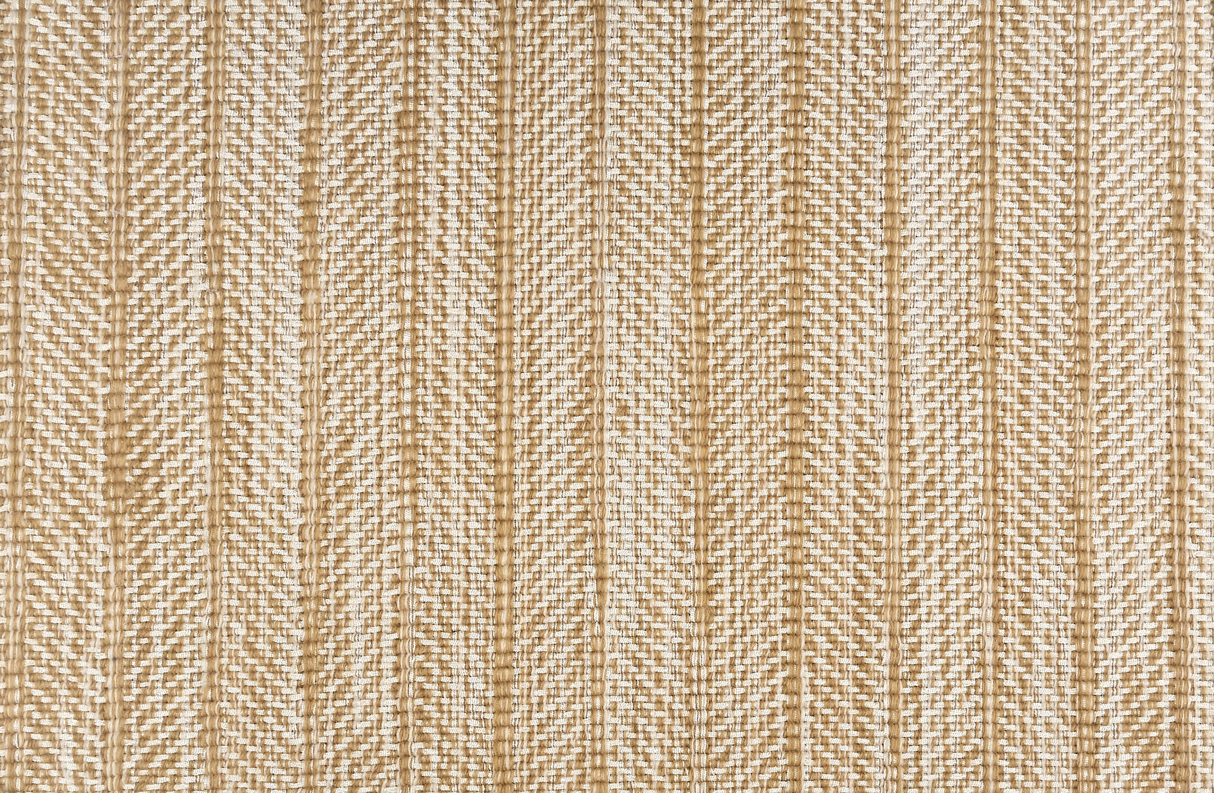 Broadloom carpet in a striated herringbone stripe in cream and warm tan.