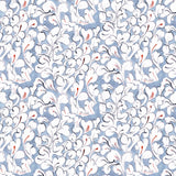 Detail of fabric in a painterly floral print in white, red and black on a light blue field.