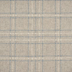 Broadloom carpet with windowpane plaid pattern in white and blue on a field of light grey. 