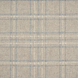 Broadloom carpet with windowpane plaid pattern in white and blue on a field of light grey. 