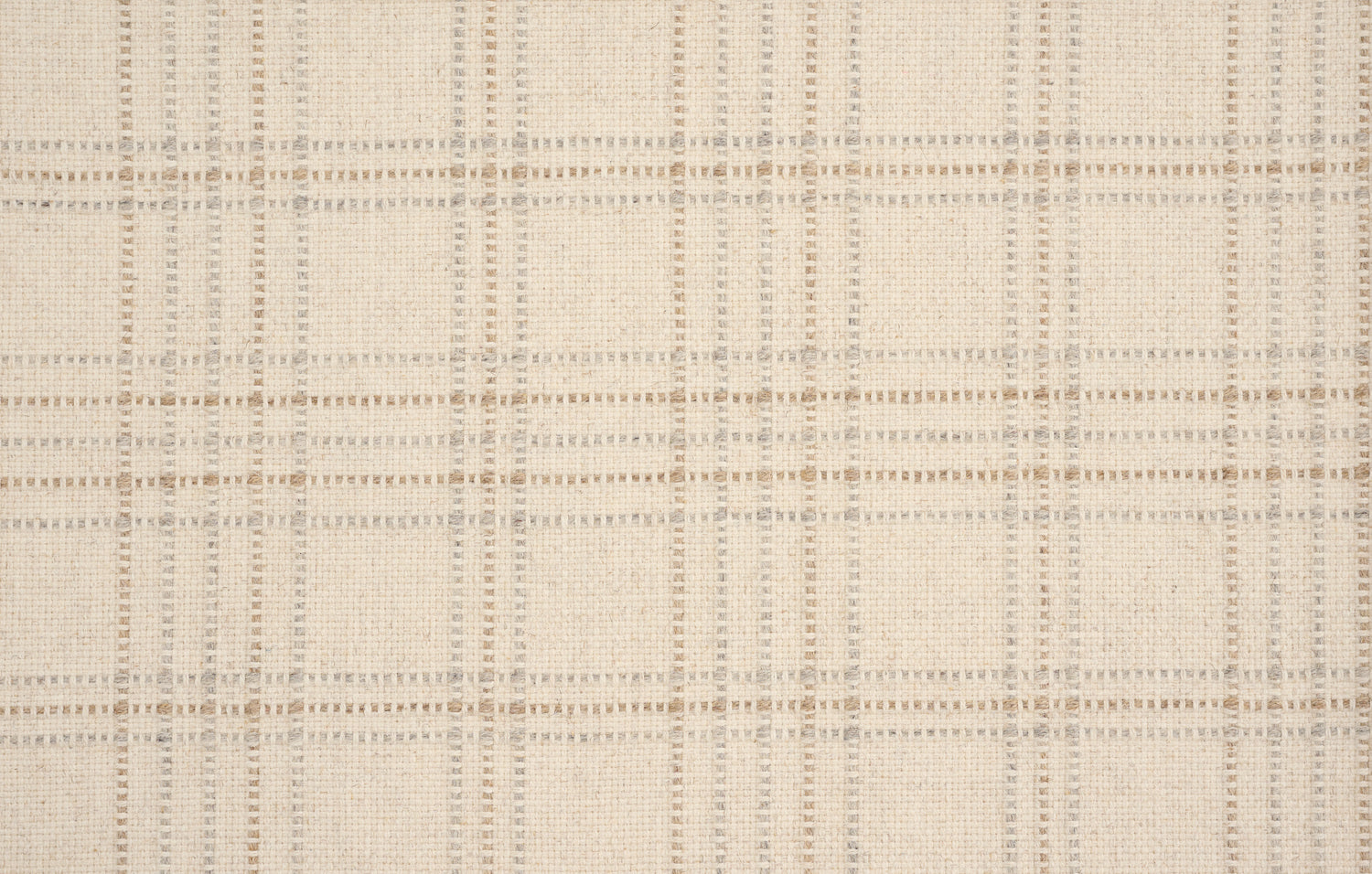 Broadloom carpet with windowpane plaid pattern in grey and tan on a field of cream