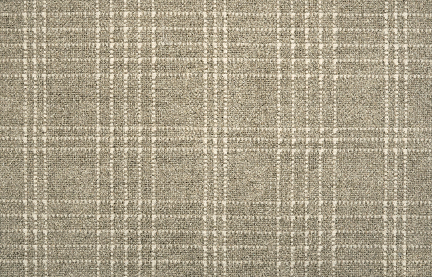 Broadloom carpet with windowpane plaid pattern in white on a field of grey.