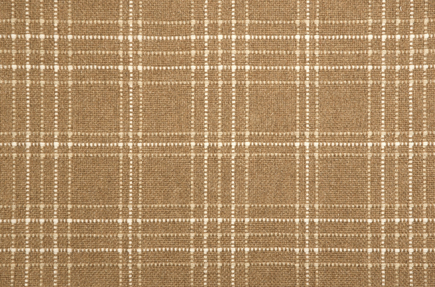 Broadloom carpet with windowpane plaid pattern in white and tan on a field of caramel brown.