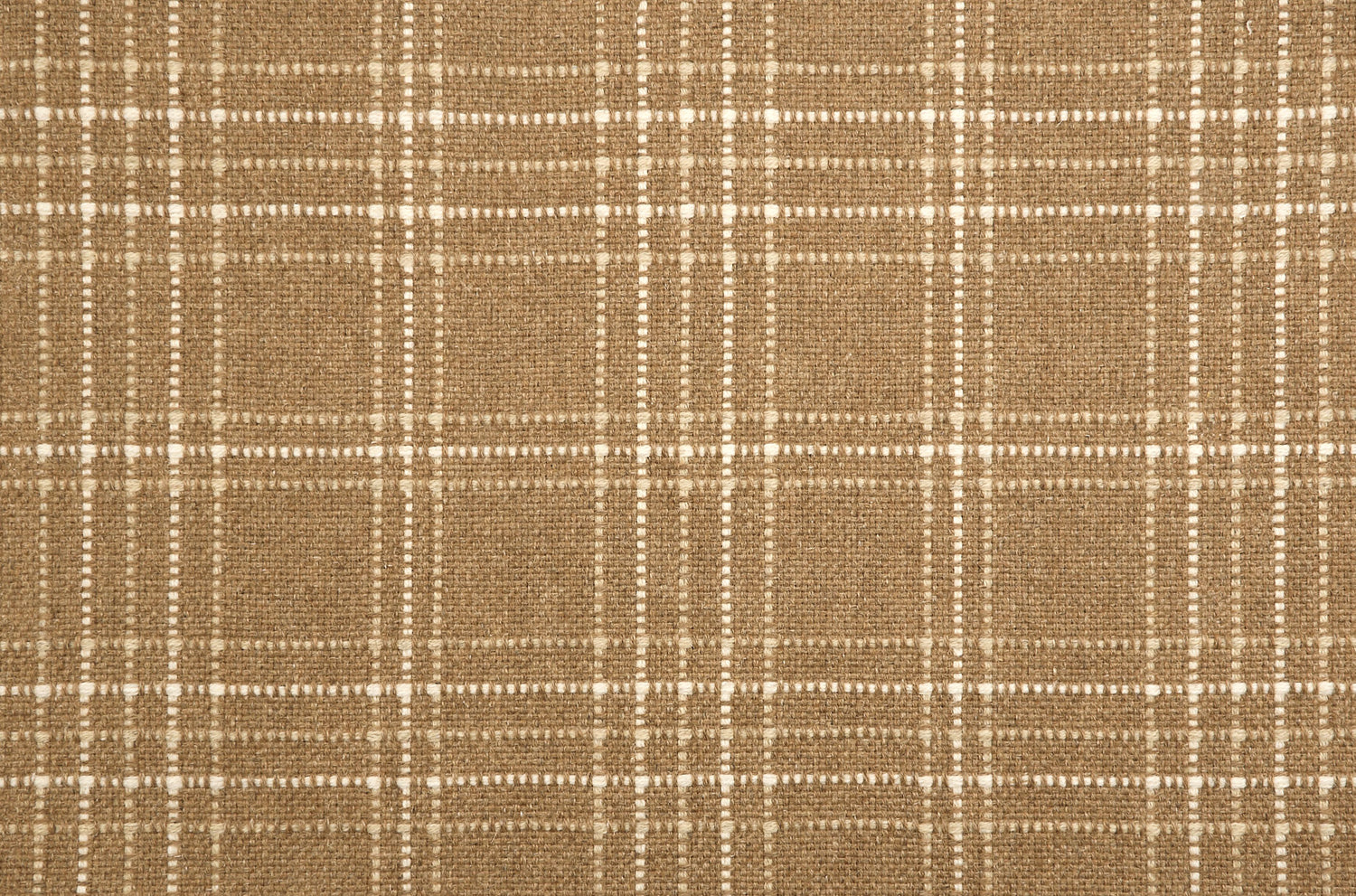 Broadloom carpet with windowpane plaid pattern in white and tan on a field of caramel brown.