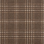 Broadloom carpet with windowpane plaid pattern in white and taupe on a field of chocolate brown.