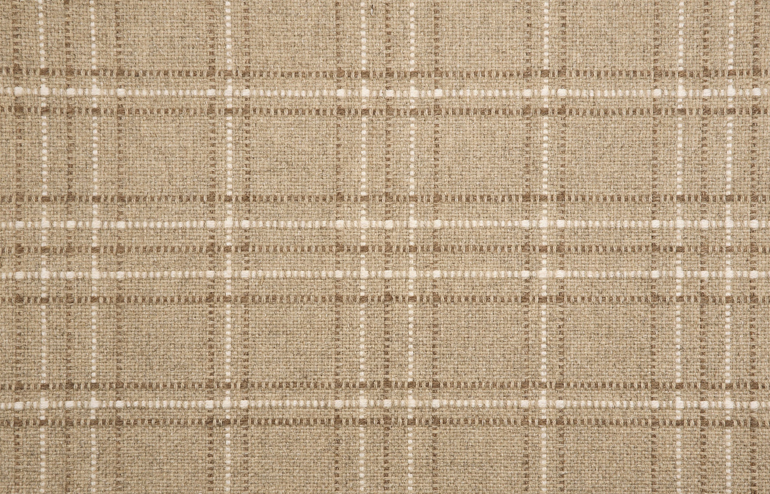 Broadloom carpet with windowpane plaid pattern in brown and white on a field of taupe. 