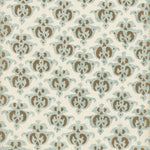 Detail of wallpaper in a repeating damask print in light blue and brown on a cream field.