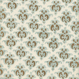 Detail of wallpaper in a repeating damask print in light blue and brown on a cream field.