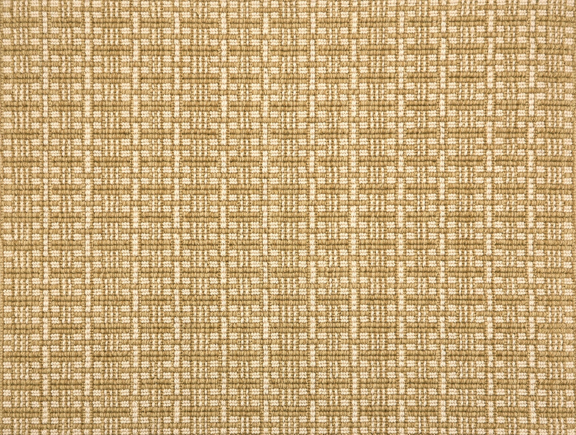 A close-up of broadloom carpet with a textured basketweave pattern in warm cream and warm tan.