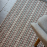 Detail of an area rug on a tile floor in a complex woven stripe design of wool in shades of pink and grey.