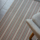 Detail of an area rug on a tile floor in a complex woven stripe design of wool in shades of pink and grey.