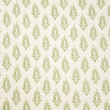 Detail of fabric in a repeating leaf pattern in light green on a cream field.