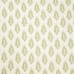 Detail of wallpaper in a repeating leaf pattern in light green on a cream field.