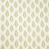 Detail of wallpaper in a repeating leaf pattern in light green on a cream field.