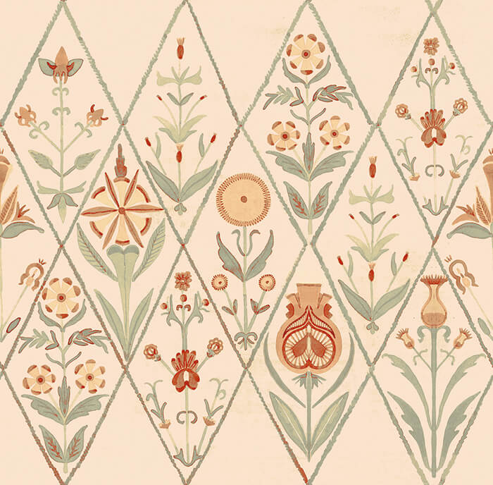 Detail of wallpaper in a floral and diamond lattice print in shades of green and orange on a cream field.