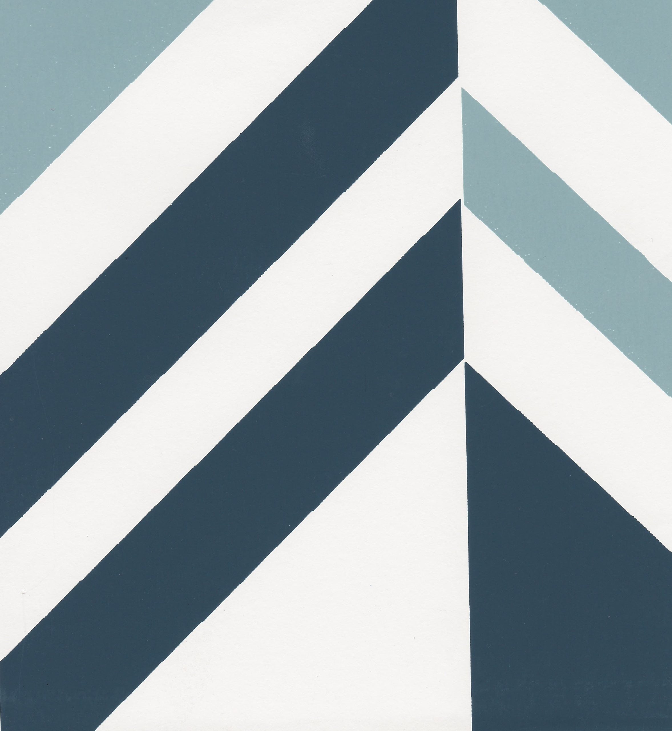 Detail of wallpaper in an irregular chevron stripe in navy and blue on a white field.