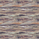 Detail of fabric in an abstract painterly print in shades of tan, mauve and gray.