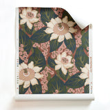 A roll of of tropical floral wallpaper featuring cream-colored blossoms with pink centers, dark green leaves on bright red background. 