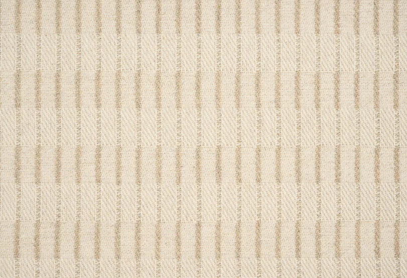 Broadloom carpet sample with a textural stripe in tan on ivory.