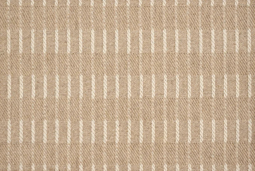 Broadloom carpet sample with a textural stripe in ivory on taupe.