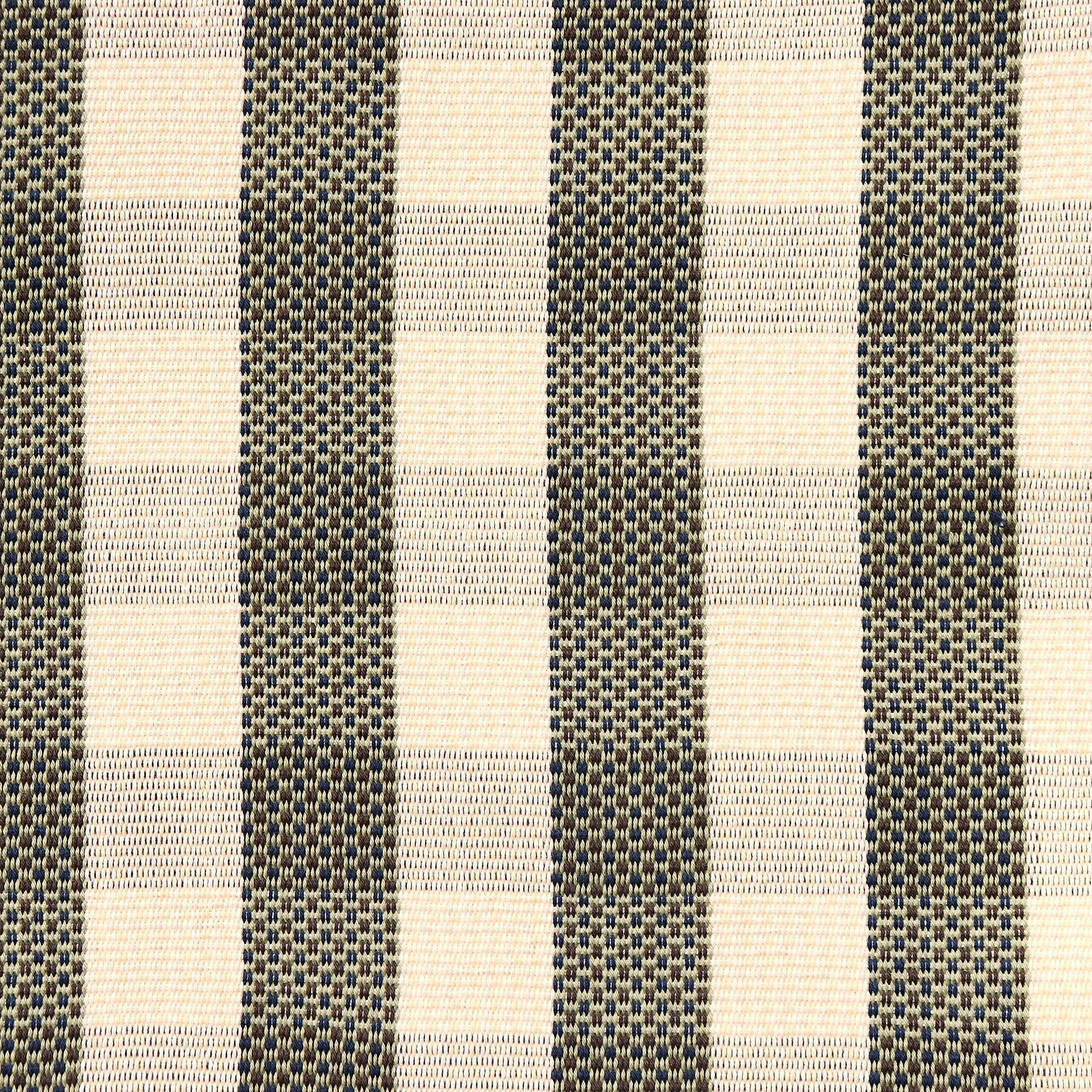 Detail of a hand-woven cotton fabric in soft cream in a plaid windowpane patter in cream, brown, teal and taupe.