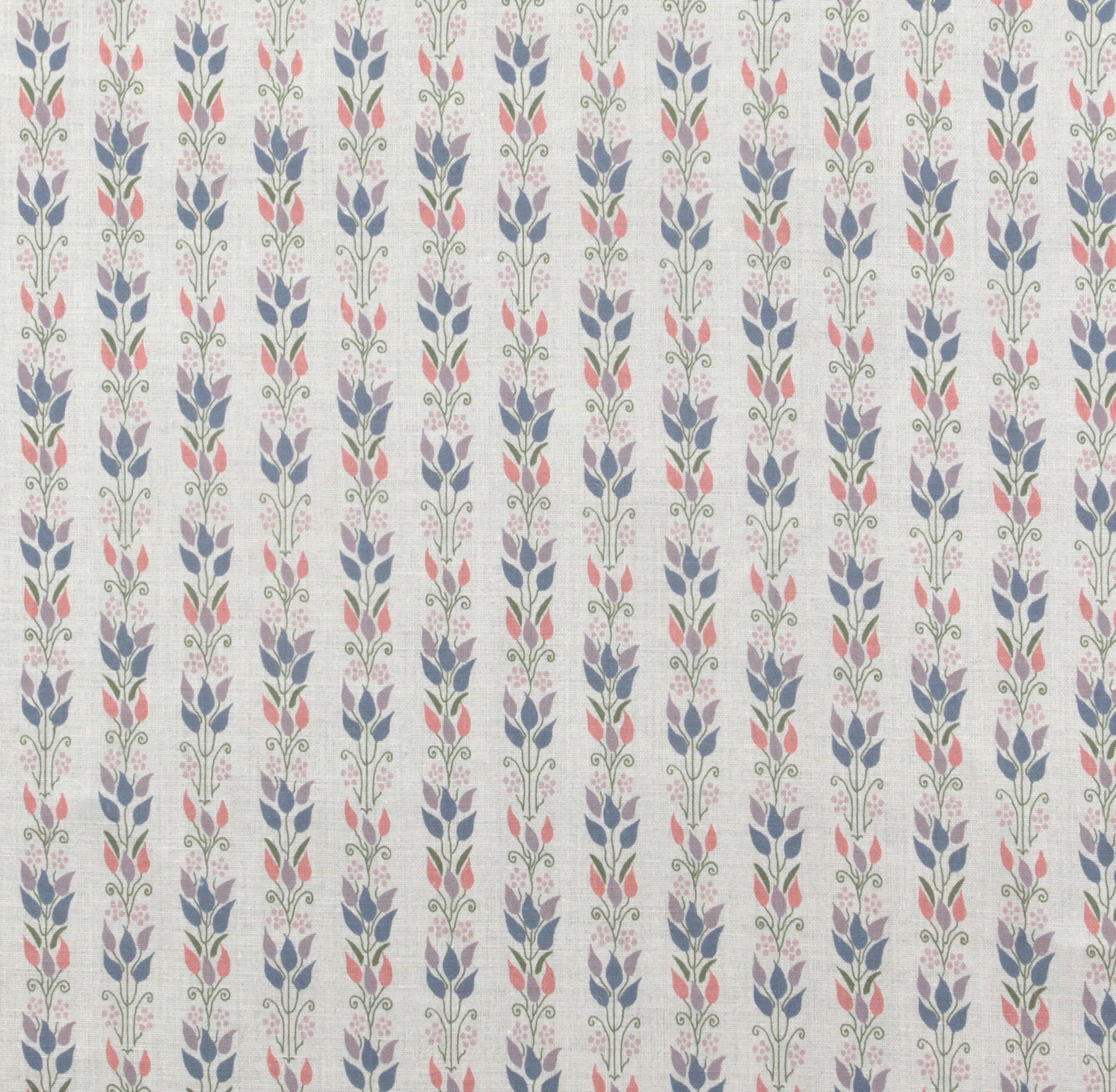 Detail of fabric in a striped botanical print in shades of blue, pink, purple and green on a greige field.
