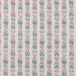 Detail of fabric in a striped botanical print in shades of blue, pink and green on a greige field.