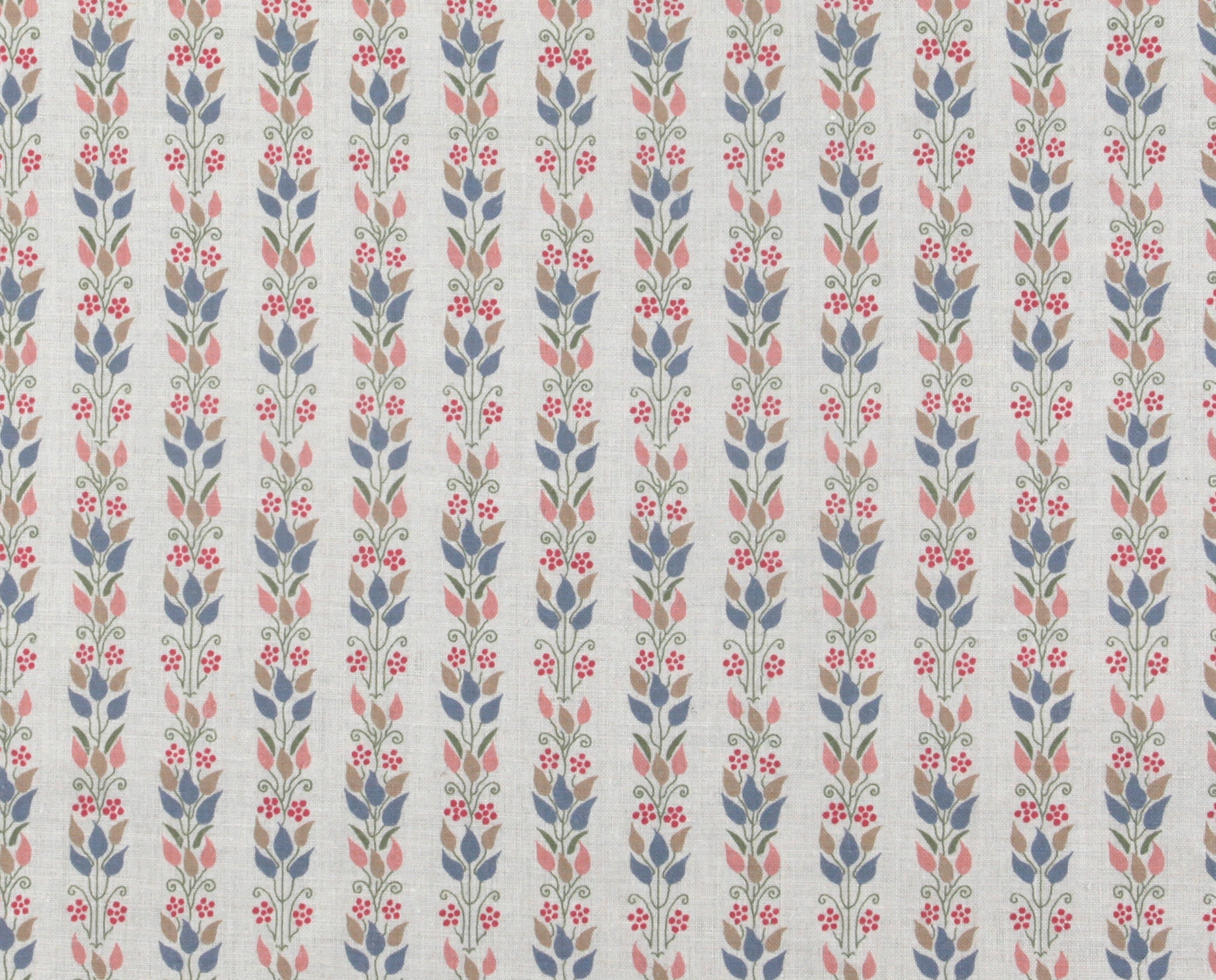 Detail of fabric in a striped botanical print in shades of blue, pink and green on a greige field.
