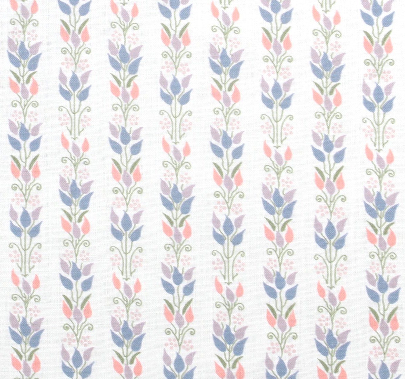 Detail of fabric in a striped botanical print in shades of blue, pink, purple and green on a white field.