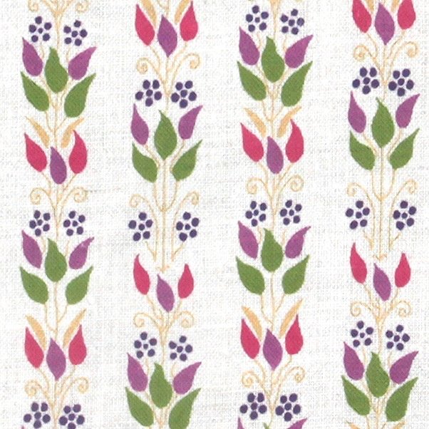 Detail of fabric in a striped botanical print in shades of red, purple and green on a white field.