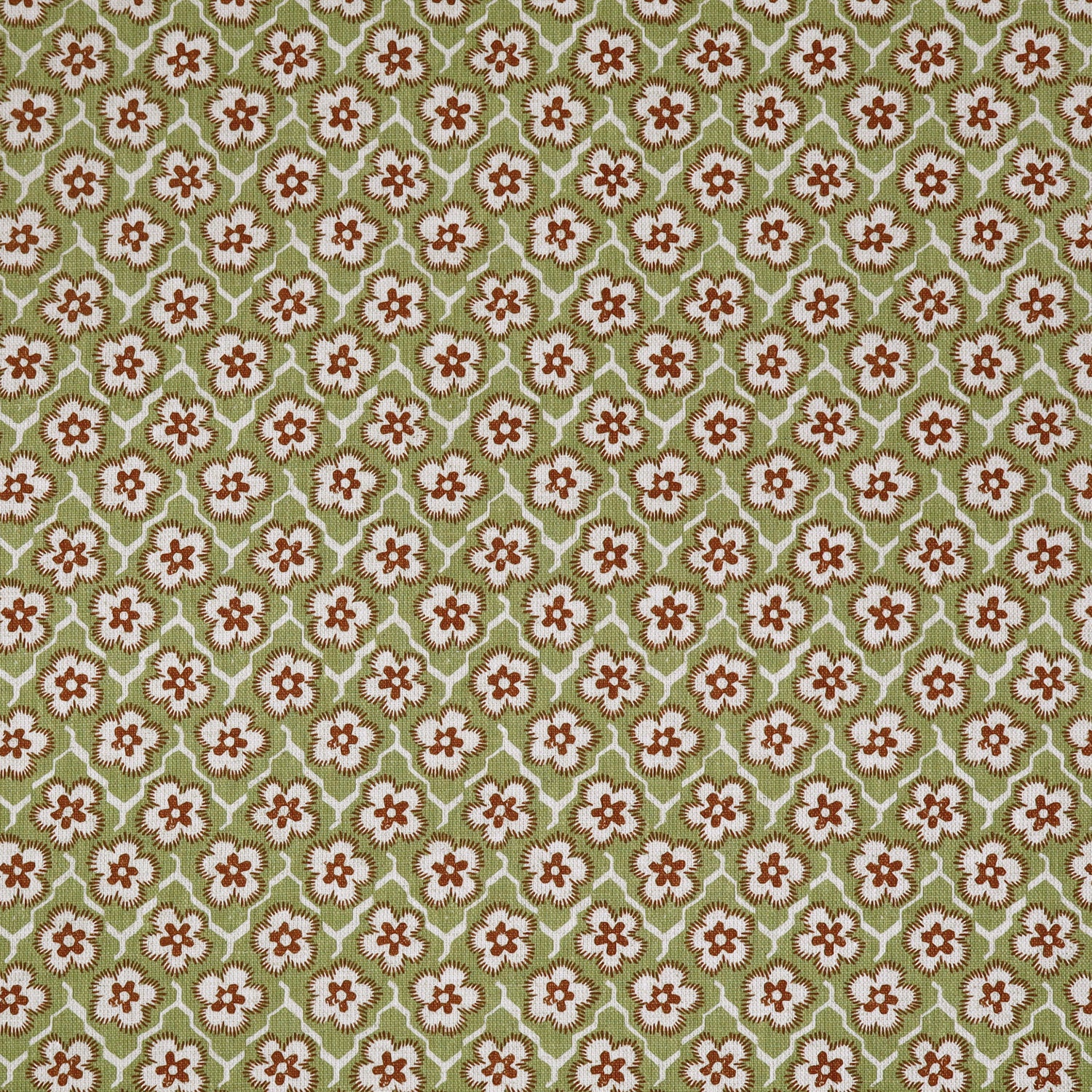 Fabric with small scale floral pattern in white, brown and light green.