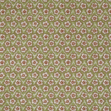 Fabric with small scale floral pattern in white, brown and light green.