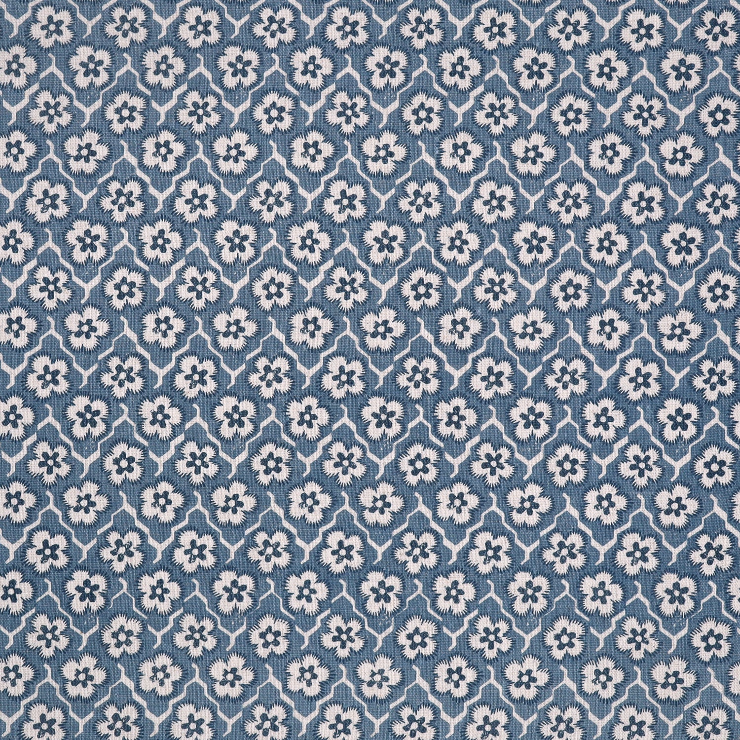 Fabric with small scale floral pattern in white, navy and blue.