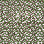 Fabric with small scale floral pattern in white, purple and green.