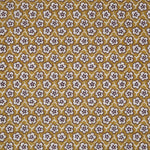 Fabric with small scale floral pattern in white, brown and yellow. 