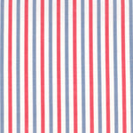 Detail of fabric in a small-scale stripe print in red and blue on a white field.