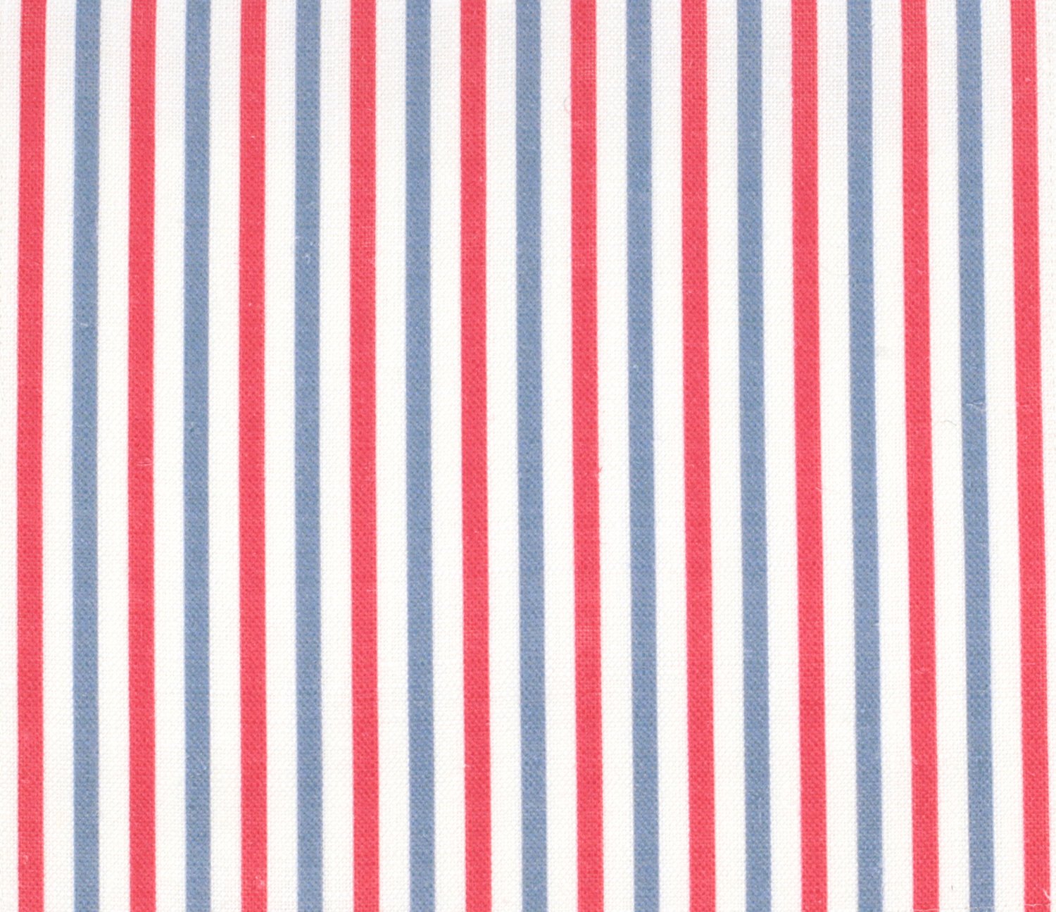 Detail of fabric in a small-scale stripe print in red and blue on a white field.