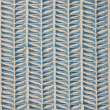 Close-up of fabric with a geometric leaf pattern in blue.