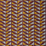 Patterned fabric with geometric design in purple, yellow, and blue.