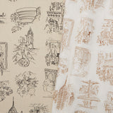 Two overlapping linen swatches in different colorways of the same hand-drawn New York City landmarks pattern.