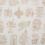 Linen swatch with sepia tone hand-drawn illustrations of New York City landmarks on a beige background.